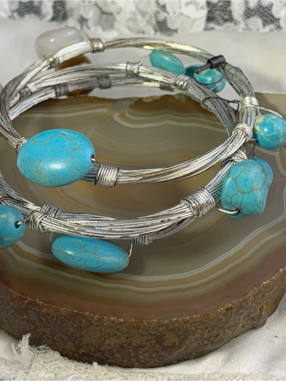 Chico's Silver Multi-Wire Bracelet with Turquoise Beads multi gemstones.
